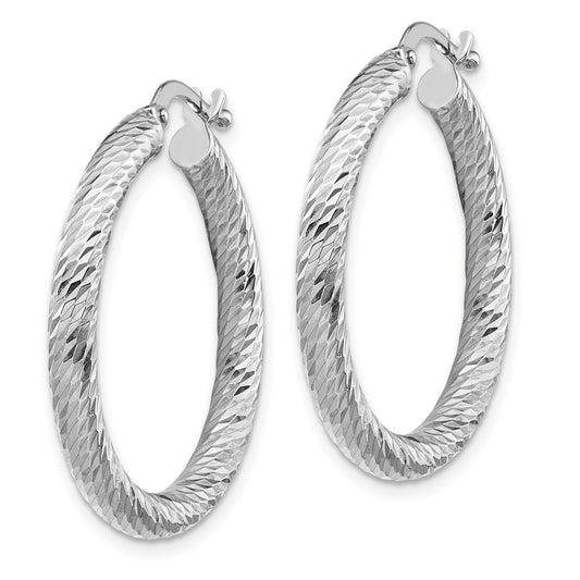 10K White Gold 3x10 Diamond-cut Round Hoop Earrings