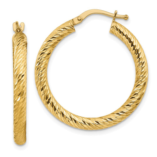 10K Yellow Gold 3x20 Diamond-cut Round Hoop Earrings