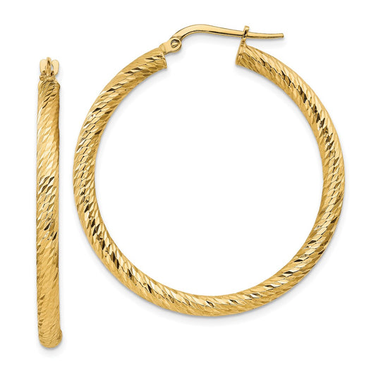 10K Yellow Gold 3x30 Diamond-cut Round Hoop Earrings