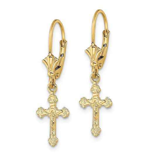 10K Yellow Gold Crucifix Leverback Earrings