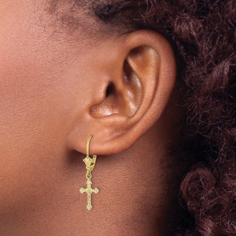 10K Yellow Gold Crucifix Leverback Earrings
