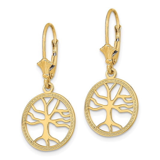 10K Yellow Gold Tree of Life In Round Frame Leverback Earrings