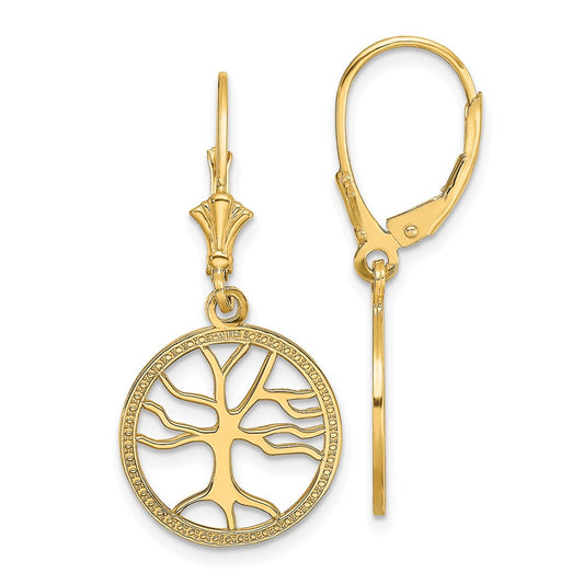 10K Yellow Gold Tree of Life In Round Frame Leverback Earrings