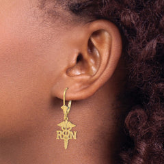 10K Yellow Gold RN Caduceus Leverback Earrings