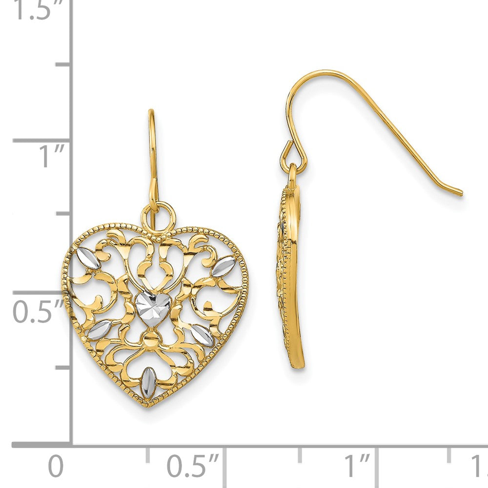 10K Yellow Gold & Rhodium Filigree Cut-Out Heart Wire Earrings