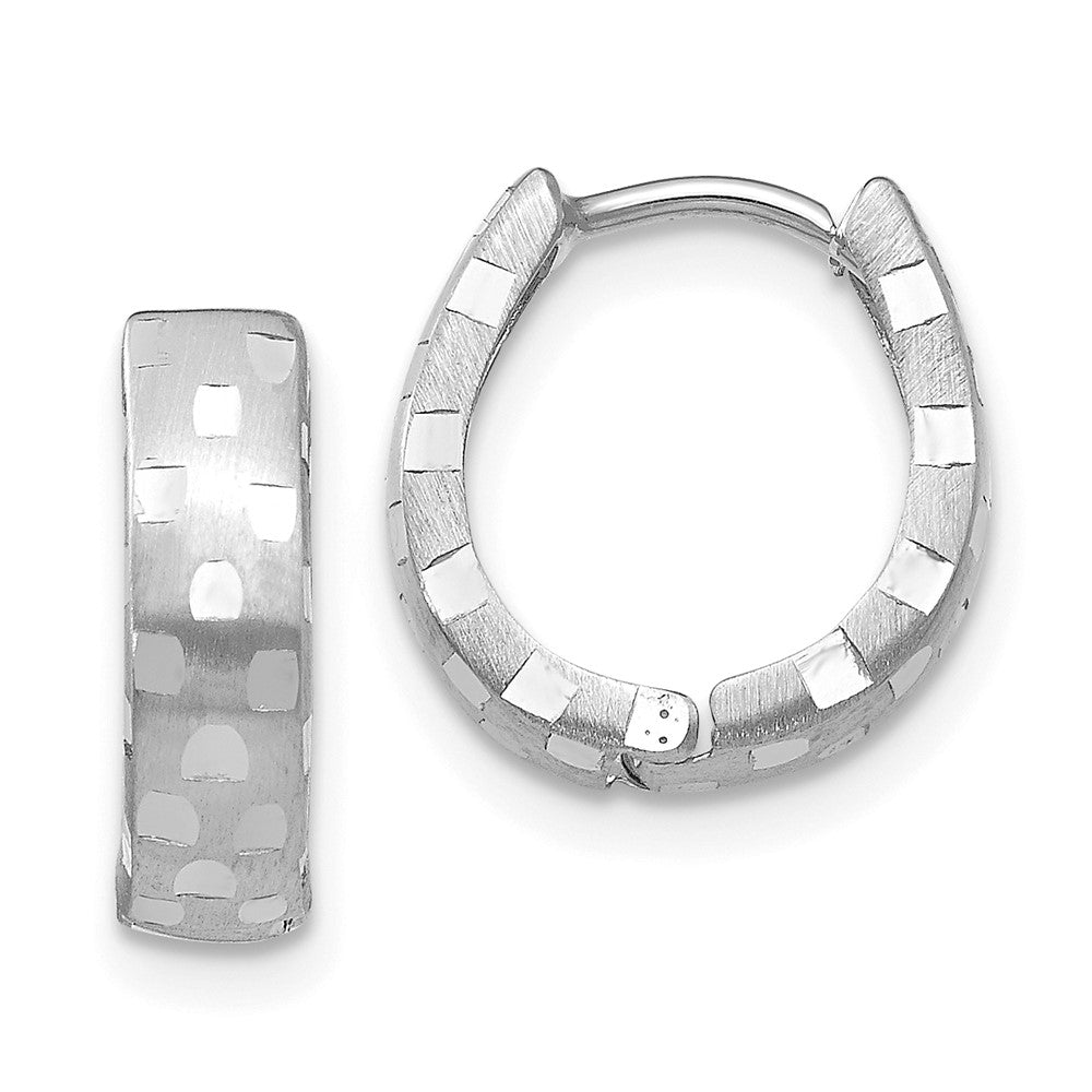 10K White Gold Diamond-cut 4mm Patterned Hinged Hoop Earrings