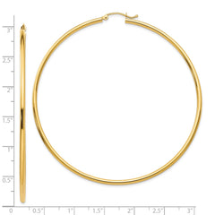 10K Yellow Gold Polished 2x70mm Lightweight Tube Hoop Earrings