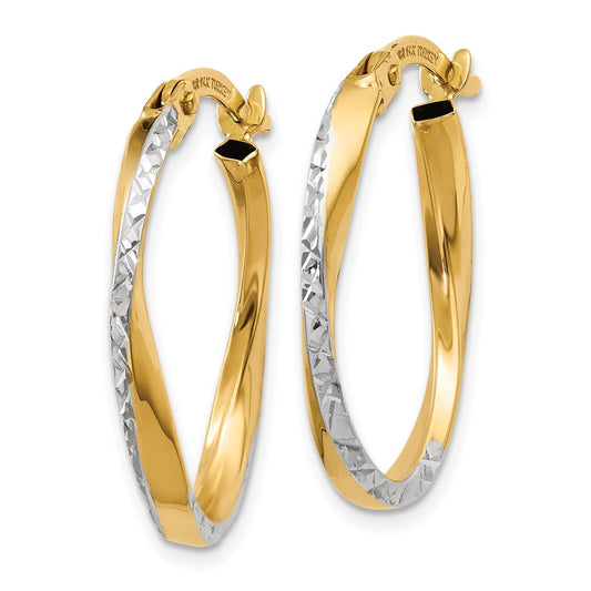 10K Yellow Gold & Rhodium Textured and Polished Oval Hoop Earrings