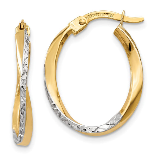 10K Yellow Gold & Rhodium Textured and Polished Oval Hoop Earrings