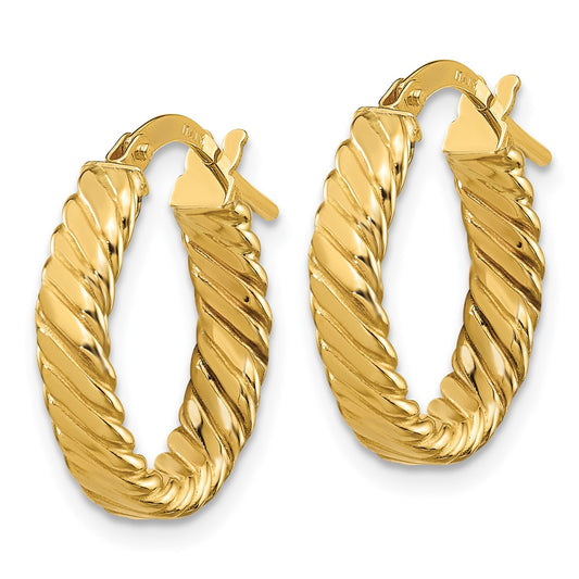 10K Yellow Gold 3mm Patterned Oval Hoop Earrings