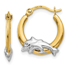 10K Yellow Gold & Rhodium Dolphin Hoop Earrings