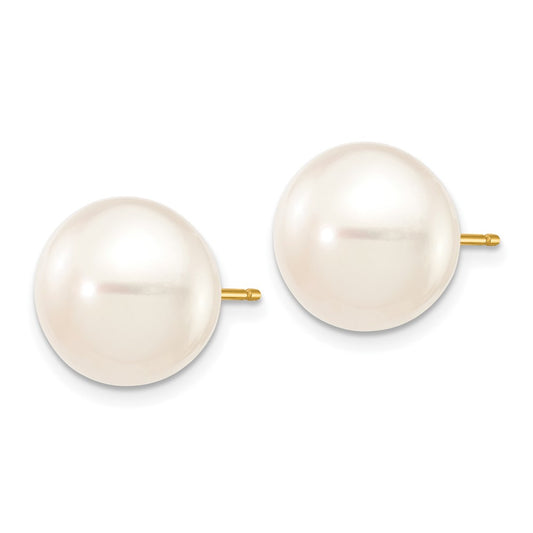 10K Yellow Gold 11-12mm White Button FWC Pearl Stud Post Earrings