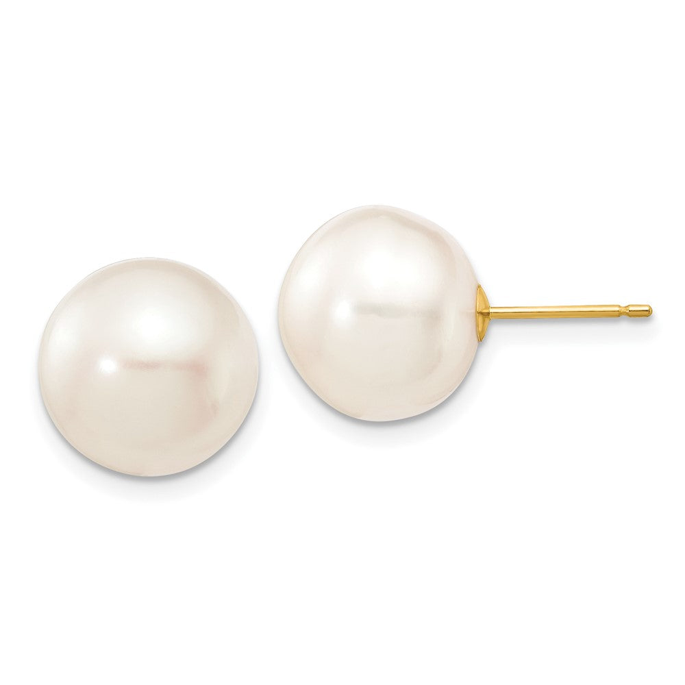 10K Yellow Gold 11-12mm White Button FWC Pearl Stud Post Earrings