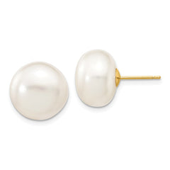 10K Yellow Gold 12-13mm White Button FWC Pearl Stud Post Earrings