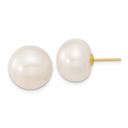 10K Yellow Gold 13-14mm White Button FWC Pearl Post Earrings