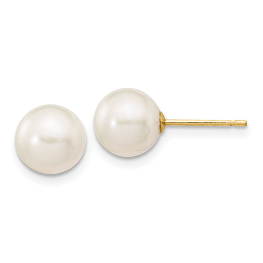 10K Yellow Gold 7-8mm White Round FWC Pearl Stud Post Earrings