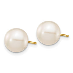 10K Yellow Gold 8-9mm White Round FWC Pearl Stud Post Earrings