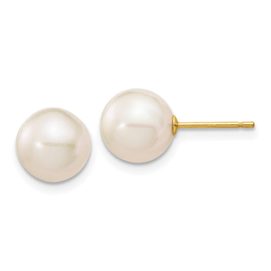 10K Yellow Gold 8-9mm White Round FWC Pearl Stud Post Earrings