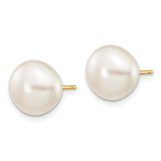 10K Yellow Gold 9-10mm White Button FWC Pearl Stud Post Earrings