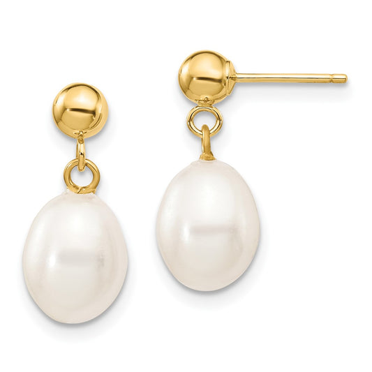 10K Yellow Gold 7-8mm White Rice FWC Pearl Dangle Post Earrings