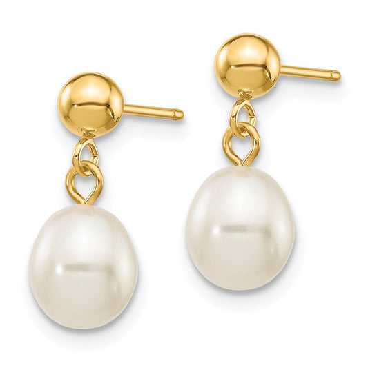 10K Yellow Gold 6-7mm White Rice FWC Pearl Dangle Post Earrings