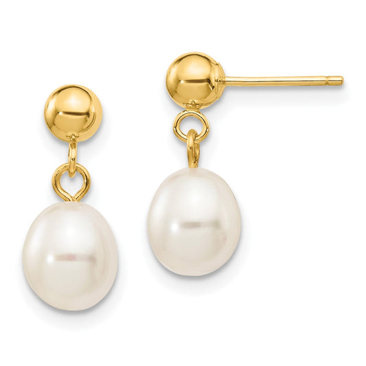 10K Yellow Gold 6-7mm White Rice FWC Pearl Dangle Post Earrings