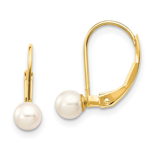 10K Yellow Gold 4-5mm White Round FWC Pearl Leverback Earrings