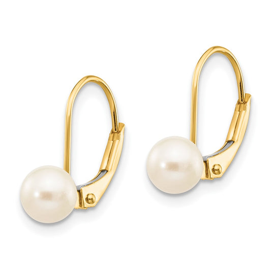 10K Yellow Gold 5-6mm White Round FWC Pearl Leverback Earrings