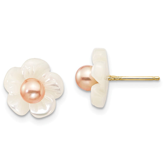 10K Yellow Gold 3-4mm Pink FWC Pearl with 10mm MOP Flower Post Earrings