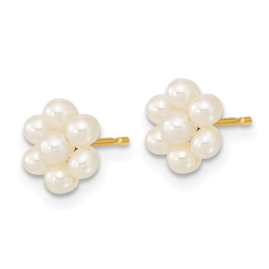 10K Yellow Gold 2-3mm White Button FWC Pearl Flower Earrings