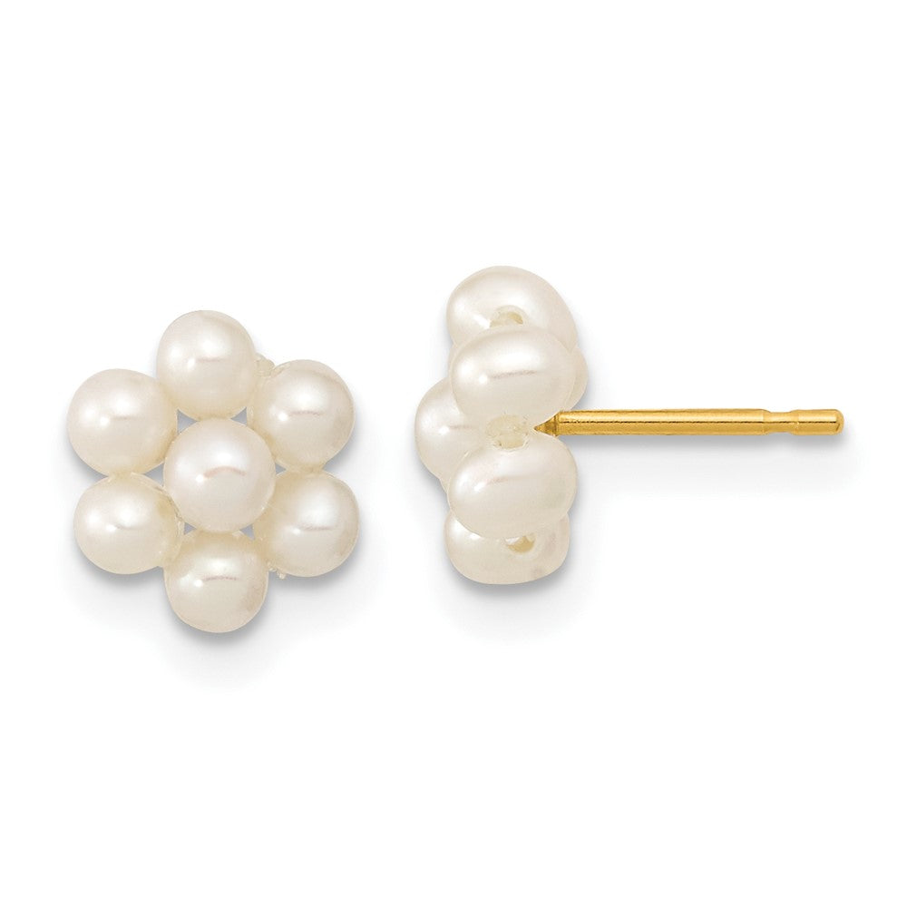 10K Yellow Gold 2-3mm White Button FWC Pearl Flower Earrings