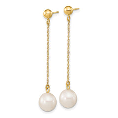 10K Yellow Gold 7-8mm White Round FWC Pearl Dangle Post Earrings