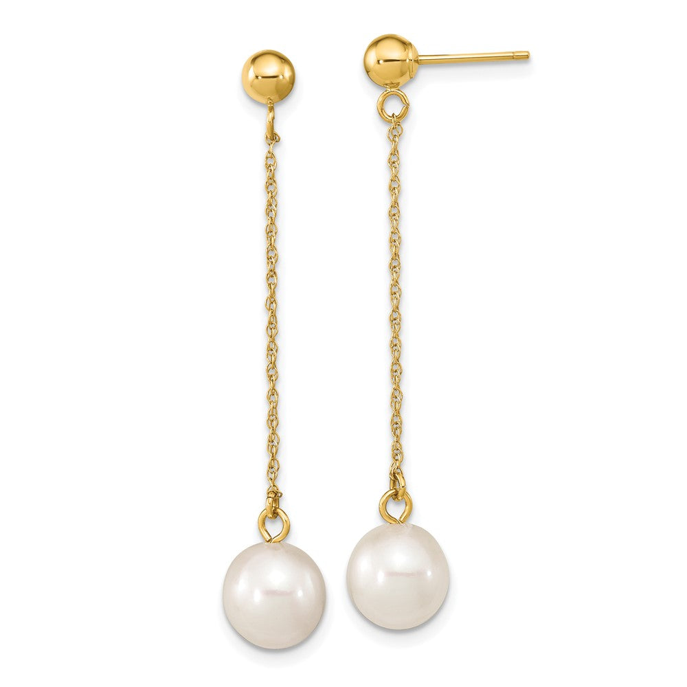 10K Yellow Gold 7-8mm White Round FWC Pearl Dangle Post Earrings