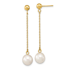 10K Yellow Gold 7-8mm White Round FWC Pearl Dangle Post Earrings