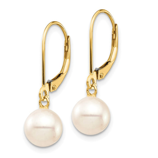 10K Yellow Gold 7-8mm White Round FWC Pearl Leverback Earrings