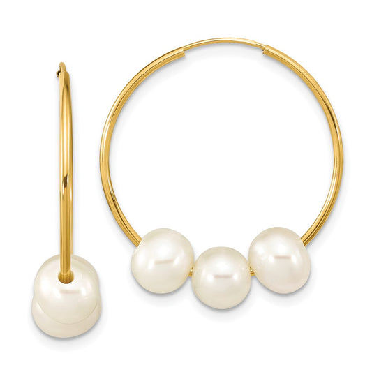10K Yellow Gold 6-7mm Semi-round White FWC Pearl Hoop Dangle Earrings