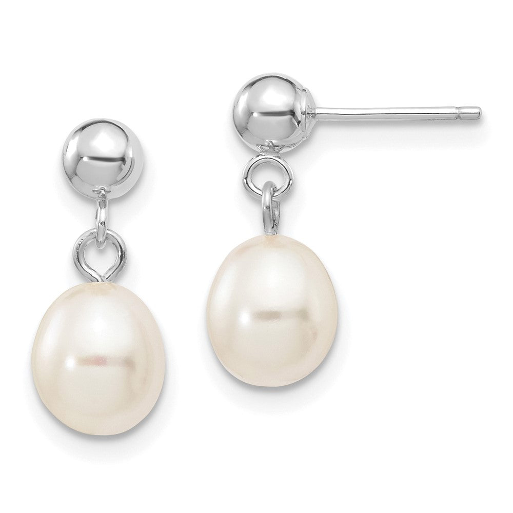 10K White Gold 6-7mm White Rice FWC Pearl Dangle Post Earrings