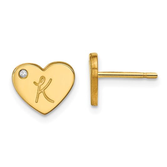 10K Yellow Gold Initial Heart with Diamond Post Earrings