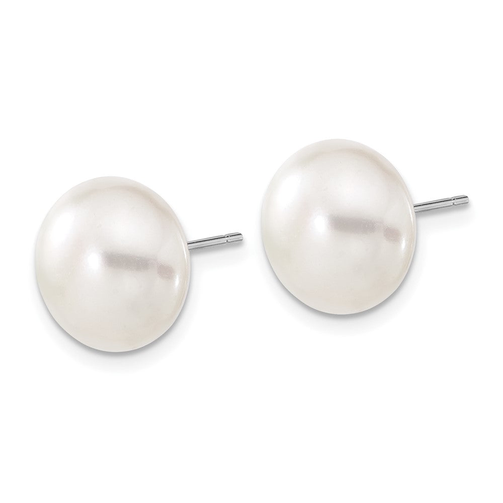 10K White Gold 11-12mm White Button FWC Pearl Stud Post Earrings