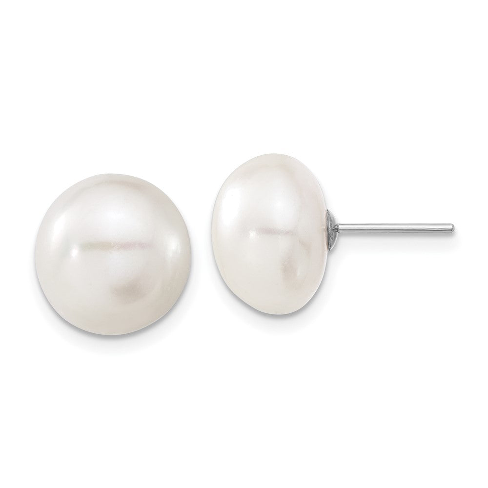 10K White Gold 11-12mm White Button FWC Pearl Stud Post Earrings