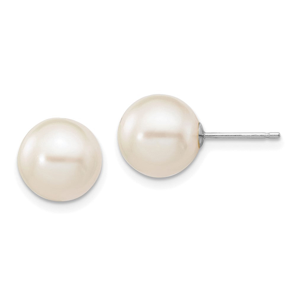 10K White Gold 9-10mm White Round FWC Pearl Stud Post Earrings
