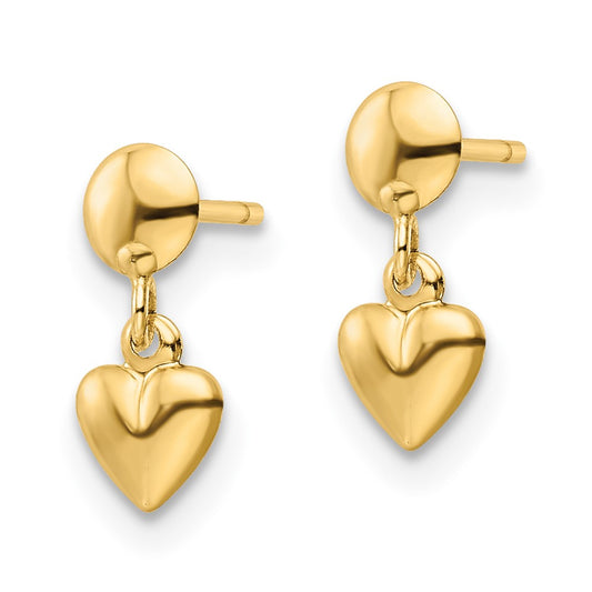 10K Yellow Gold Polished Heart Post Dangle Earrings