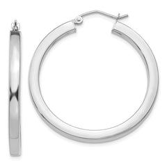 10K White Gold 3mm Polished Square Tube Hoop Earrings