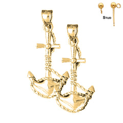 3D-Ohrringe „Anker mit Seil“ aus Sterlingsilber, 33 mm (weiß- oder gelbvergoldet)