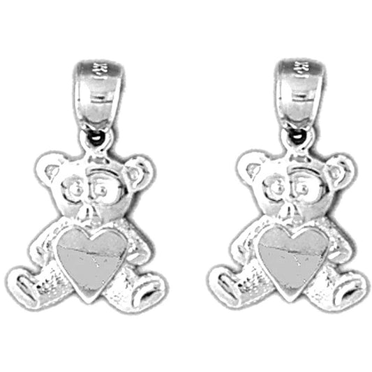 Sterling Silver 19mm Teddy Bear With Heart Earrings