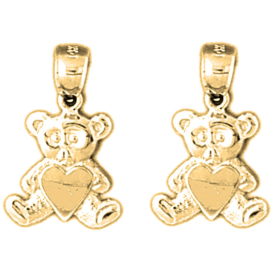 Yellow Gold-plated Silver 19mm Teddy Bear With Heart Earrings