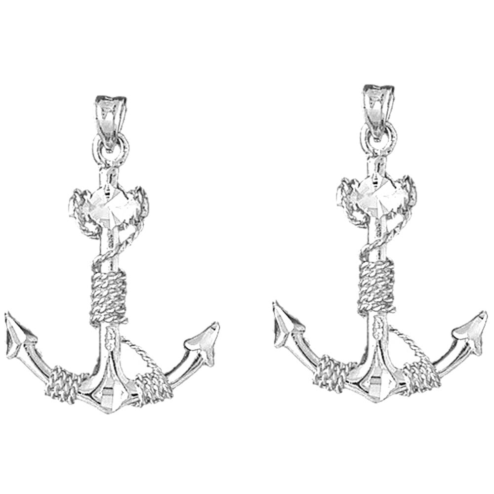 Sterling Silver 35mm Anchor With Rope 3D Earrings