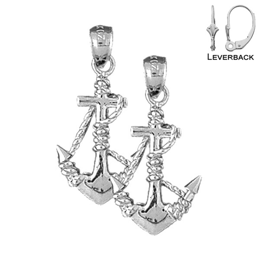 Sterling Silver 28mm Anchor With Rope 3D Earrings (White or Yellow Gold Plated)