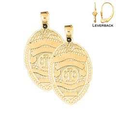 Pendientes con insignia de policía de plata de ley de 34 mm (chapados en oro blanco o amarillo)