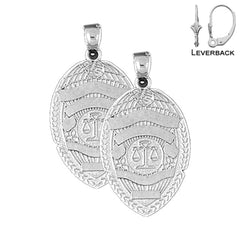 Pendientes con insignia de policía de plata de ley de 34 mm (chapados en oro blanco o amarillo)